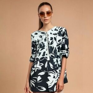 Susan Bristol Silk Floral Print Trench Jacket 3/4 Sleeve Black White Women M